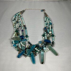 Layered Blue and Blue/Green Beaded Statement Necklace